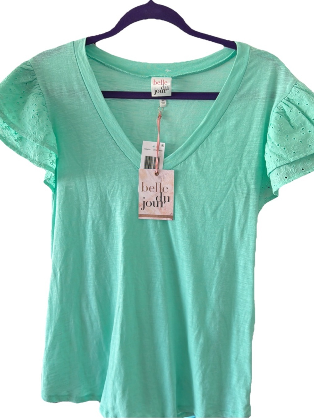 NWT Belle du Jour Shirt Size 0X Teal Short Eyelet Sleeve Soft 100% Cotton